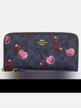 COACH Navy Signature Canvas Cherry Print Zip Around Wallet